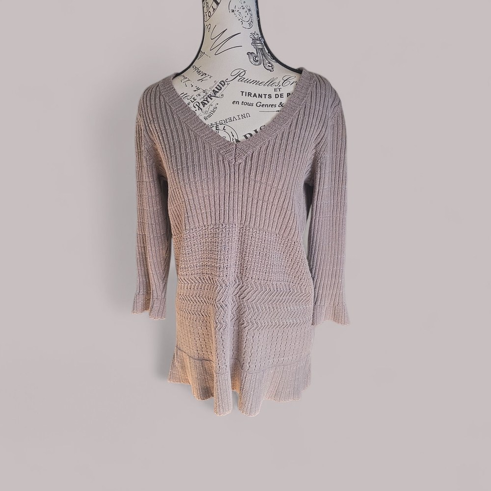 Calvin Klein Taupe V-Neck Sweater With Silver Accents